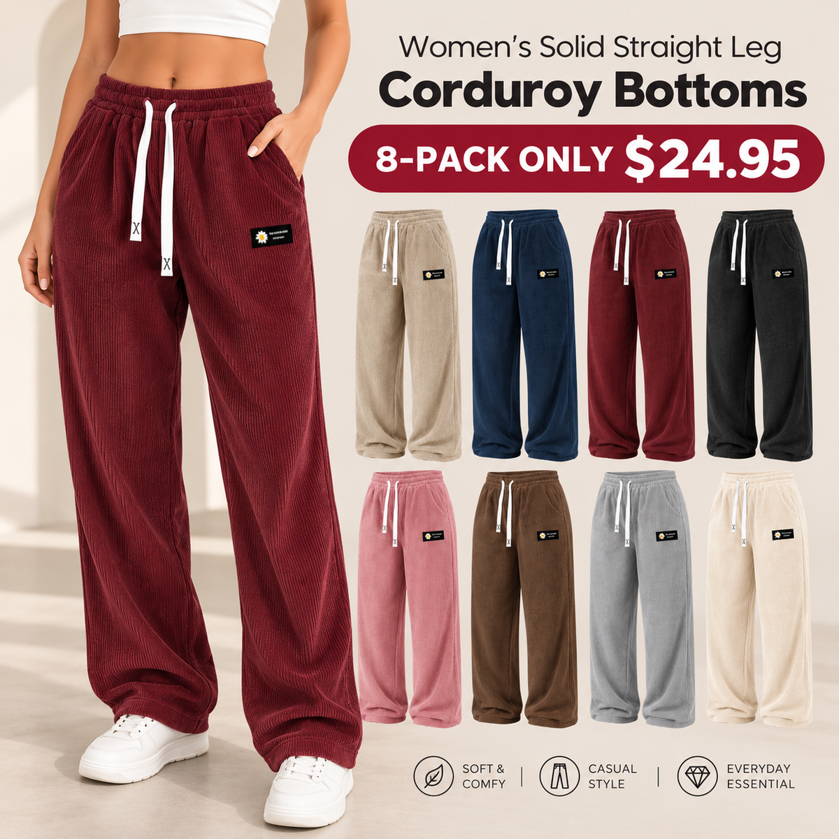 Women's Solid Straight Leg Corduroy Bottoms